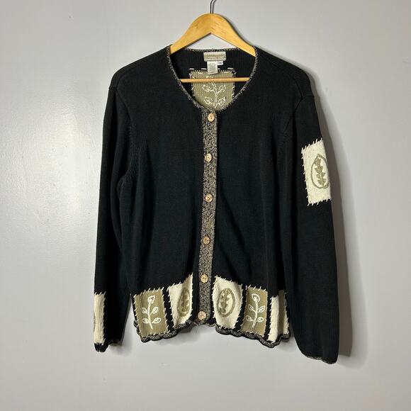VTG Coldwater Creek Fall Patchwork Cardigan Sweater Wood Button Womens 1x Black - Picture 1 of 7